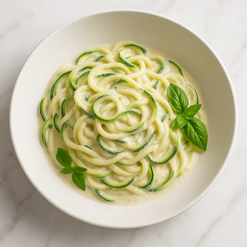 Zucchini noodles in garlic cream sauce served in a modern bowl