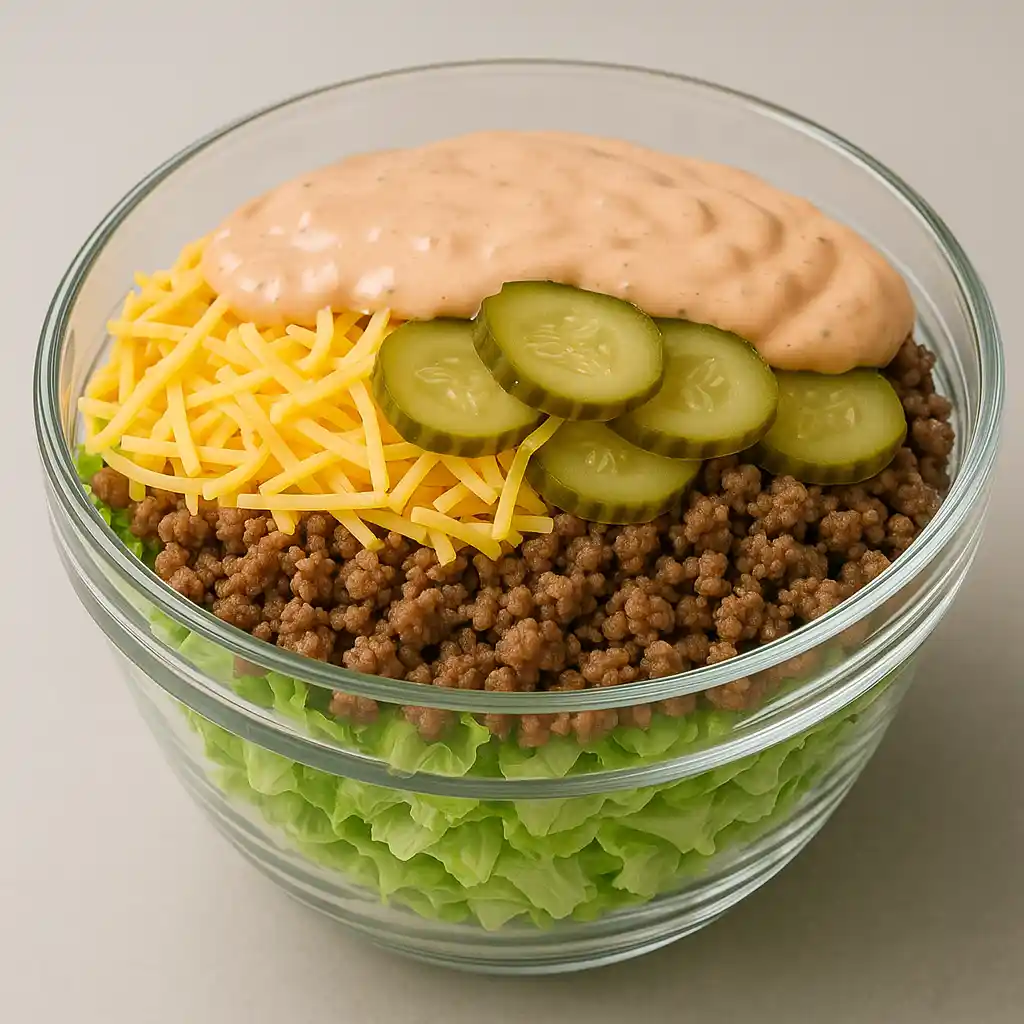 big-mac-salad-layered Layered Big Mac Salad in a glass bowl