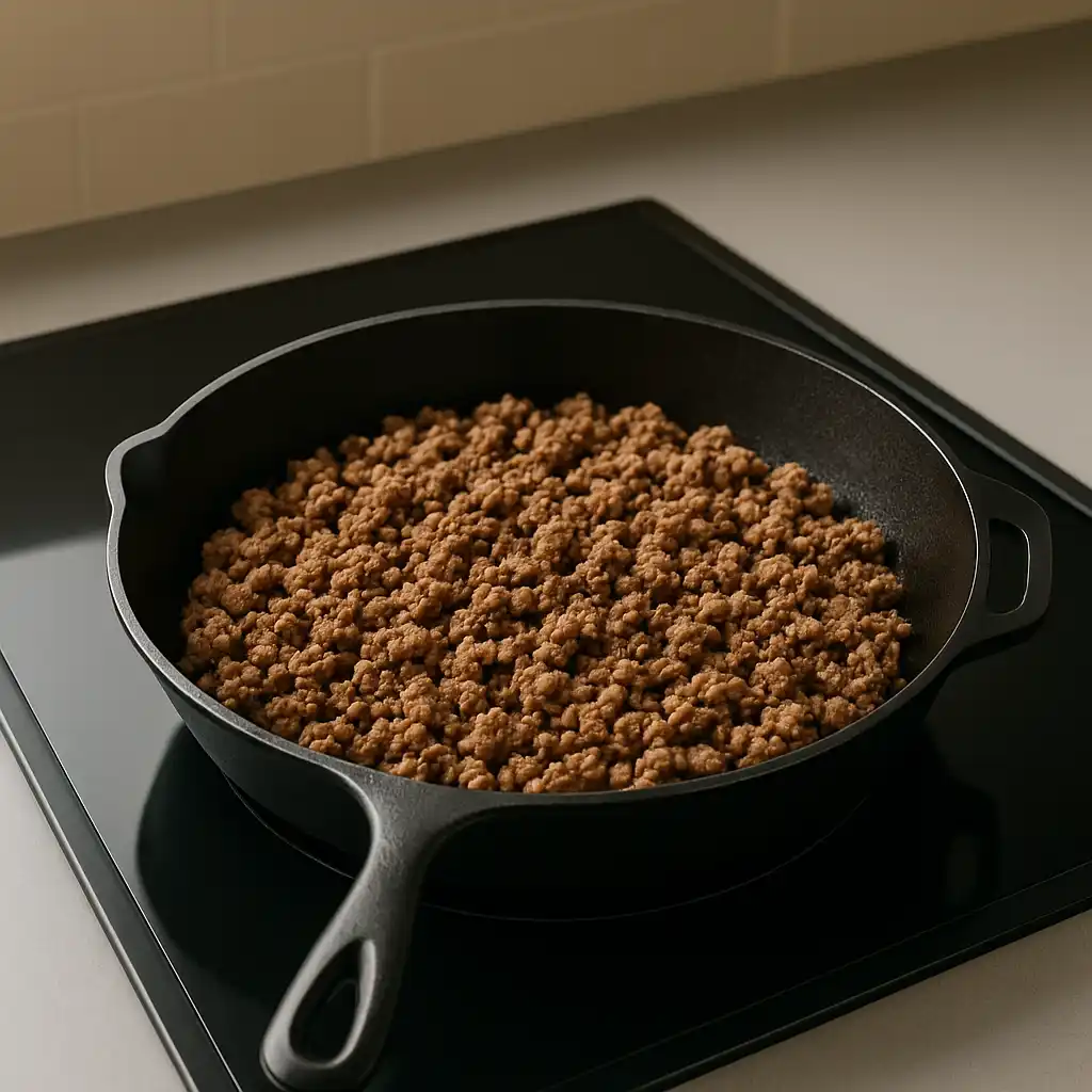 browning-ground-beef Ground beef cooking in a skillet