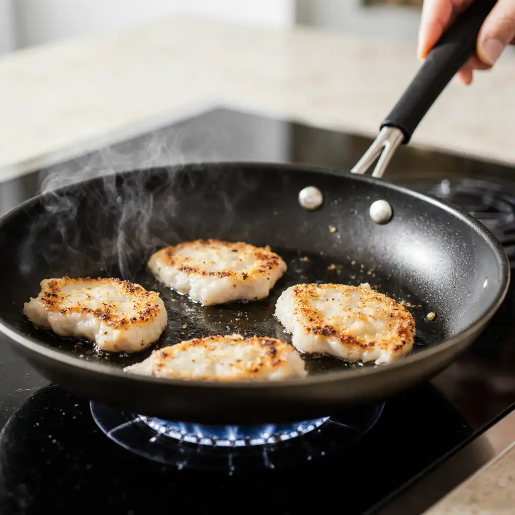 Searing chicken cutlets for lemon butter chicken
