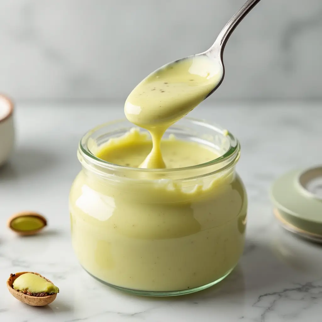 Spoon of creamy pistachio butter dripping into jar