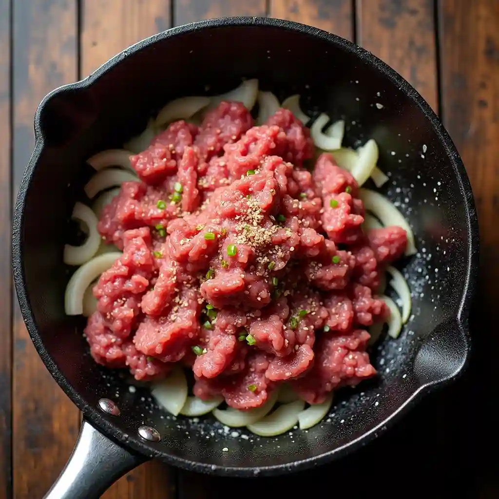 Ground beef cooking in skillet with garlic and onions