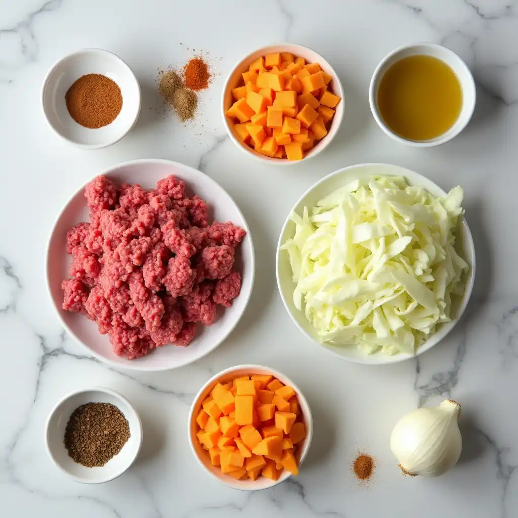 Ingredients for ground beef sweet potato recipe