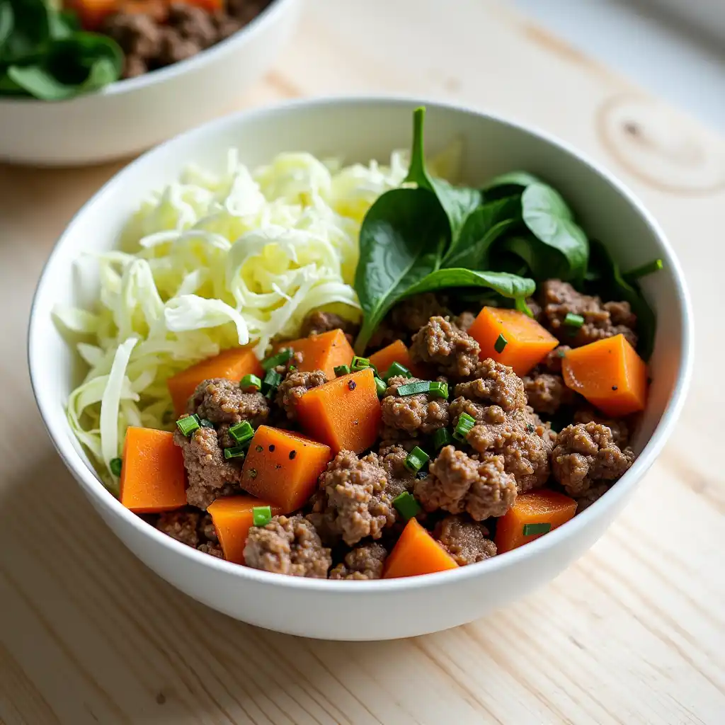 Nutritious bowl of ground beef and sweet potato with cabbage and spinach