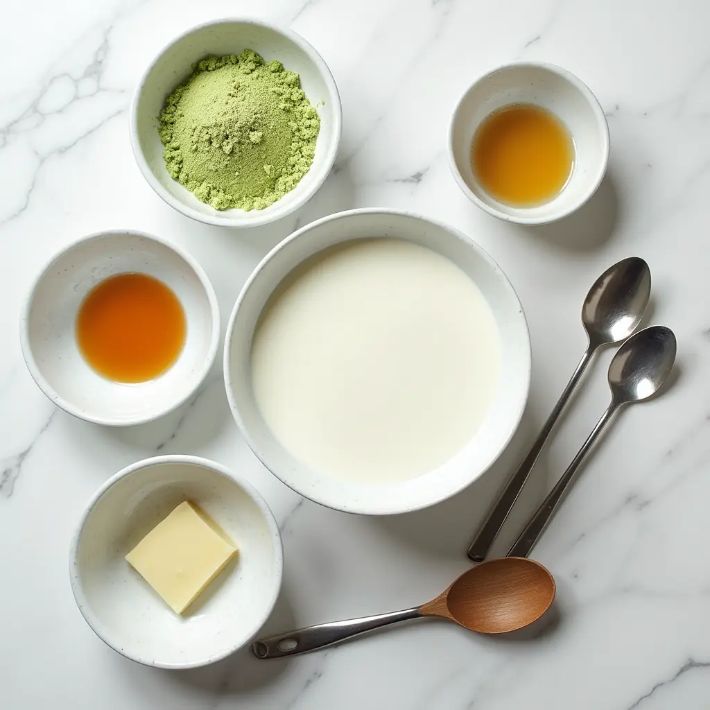 ingredients for no-churn matcha ice cream recipe in modern kitchen