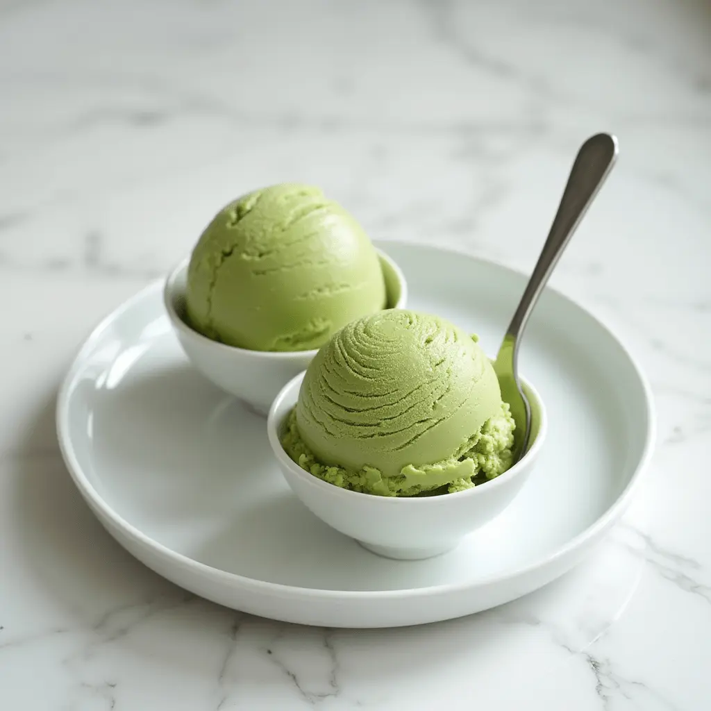 matcha ice cream scooped and served in modern dish