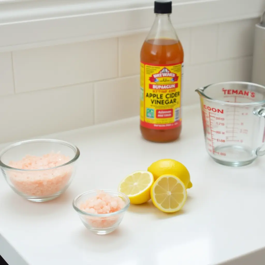 pink-salt-detox-ingredients-modern Fresh lemon, pink salt, and vinegar on a modern white counter