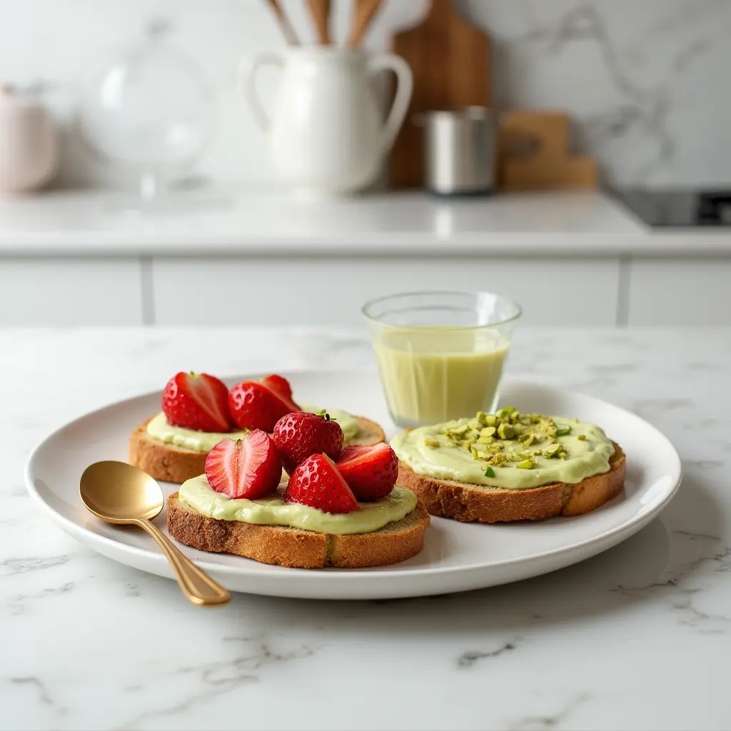 pistachio-cream-toast-plate pistachio cream on modern breakfast plate