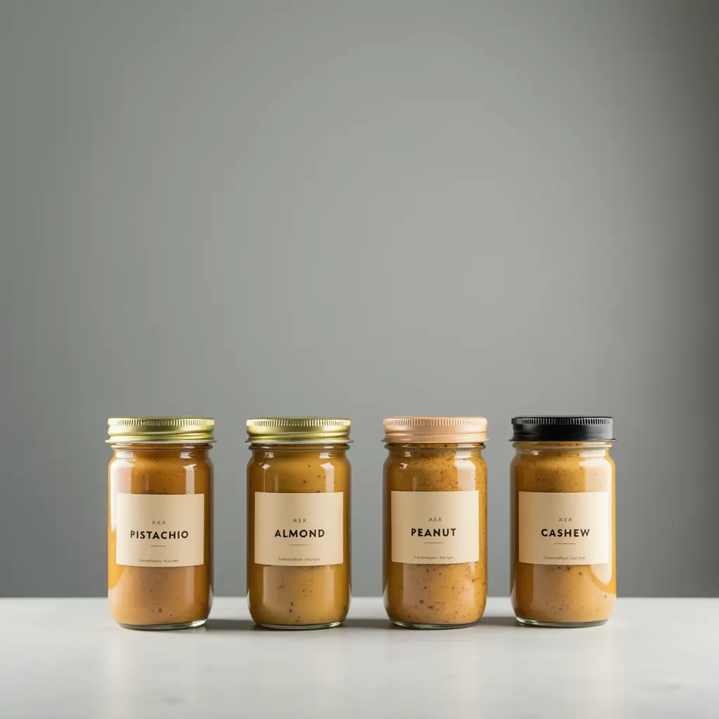 Pistachio, almond, peanut, and cashew butters side by side