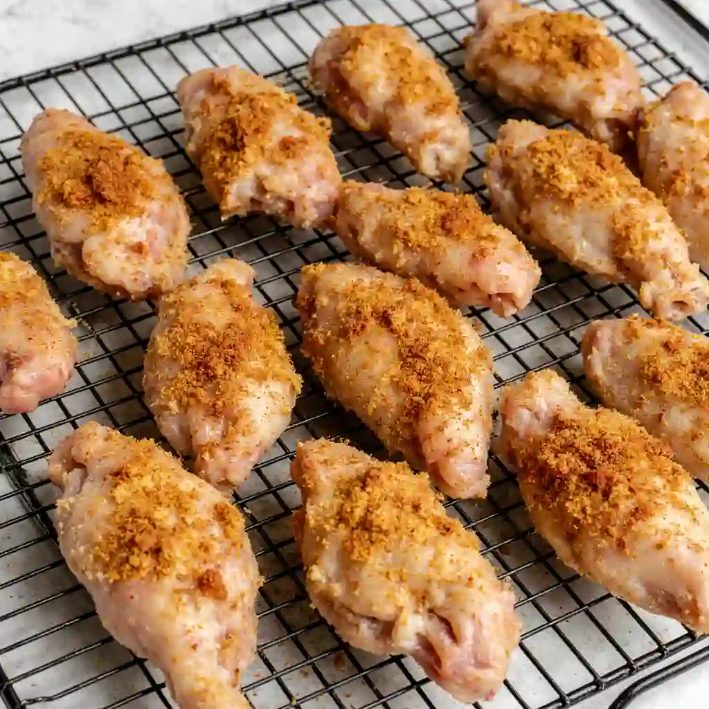 prepping-salt-vinegar-wings Chicken wings prepped with salt and vinegar rub on rack