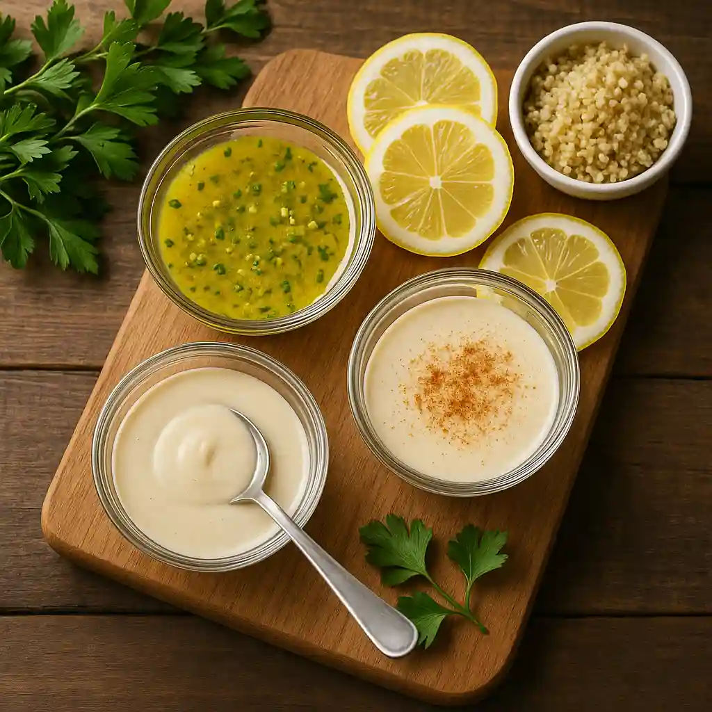 quinoa-salad-dressing-options Three dressings for quinoa salad: lemon vinaigrette, tahini, and spiced yogurt