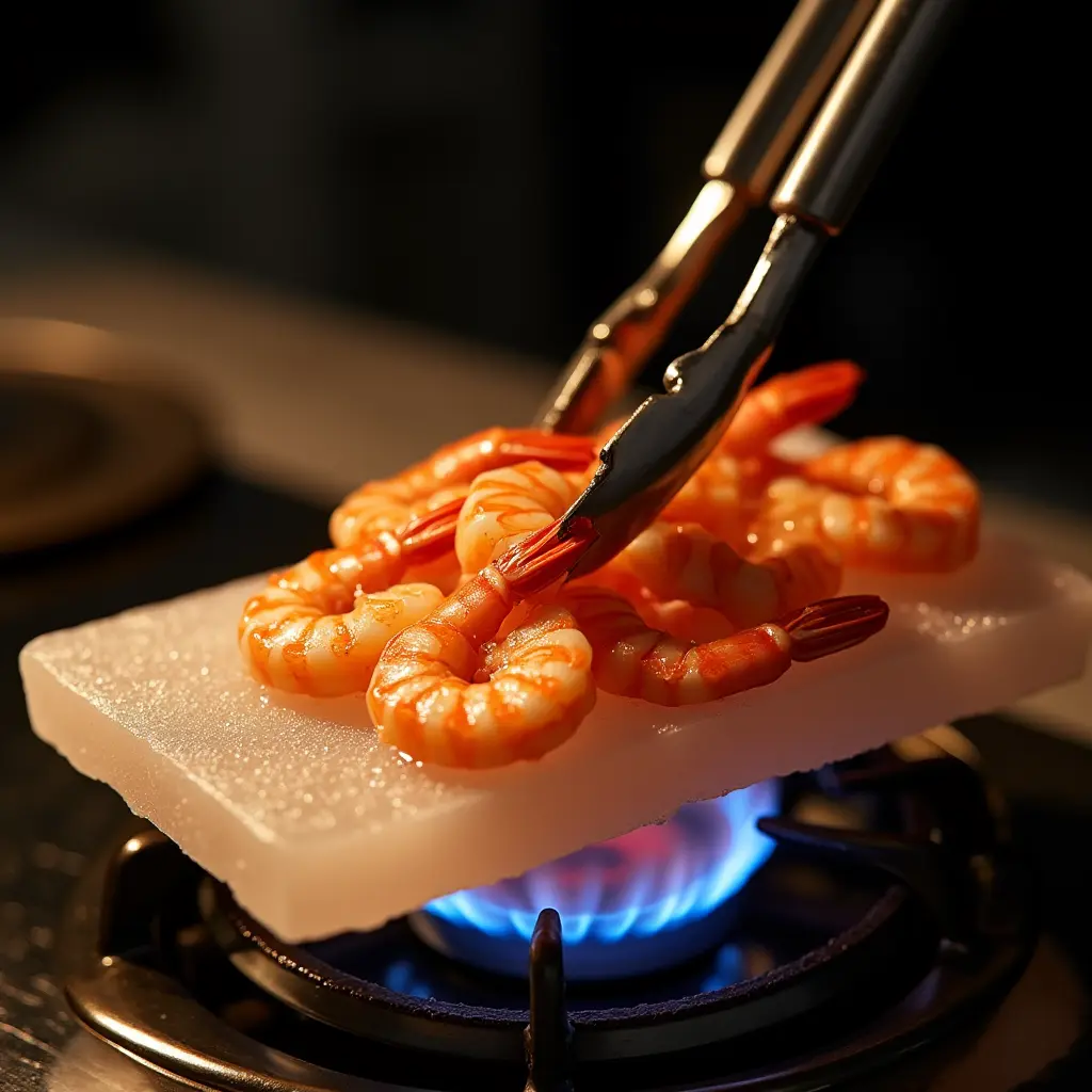 shrimp-on-salt-block Shrimp cooking on Himalayan salt slab