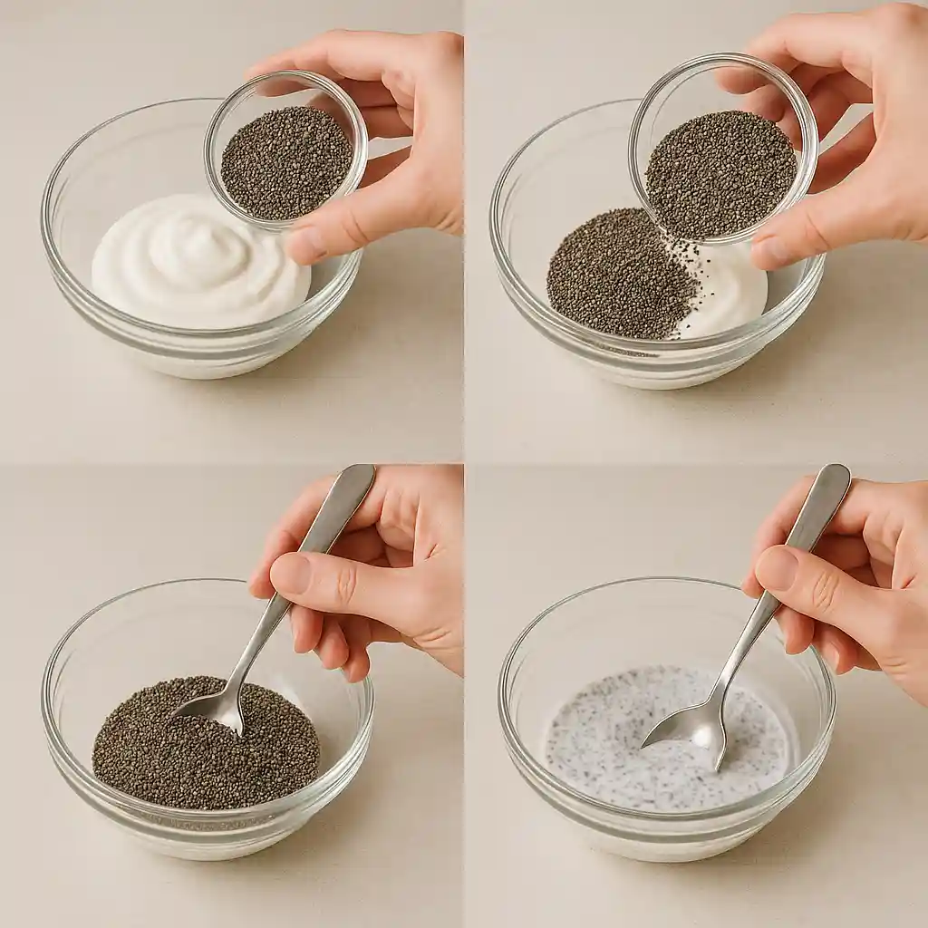 step by step mixing chia seeds in yogurt