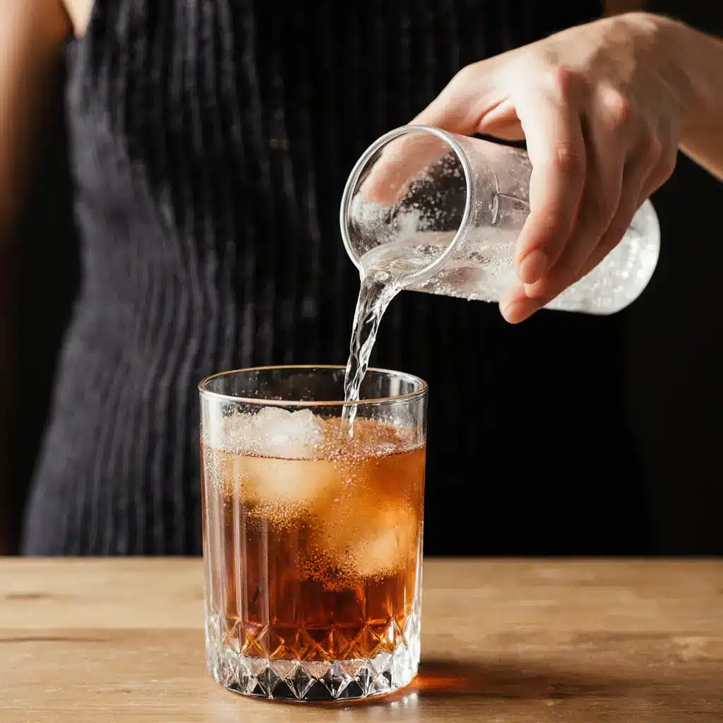 Pouring sparkling water into iced tea