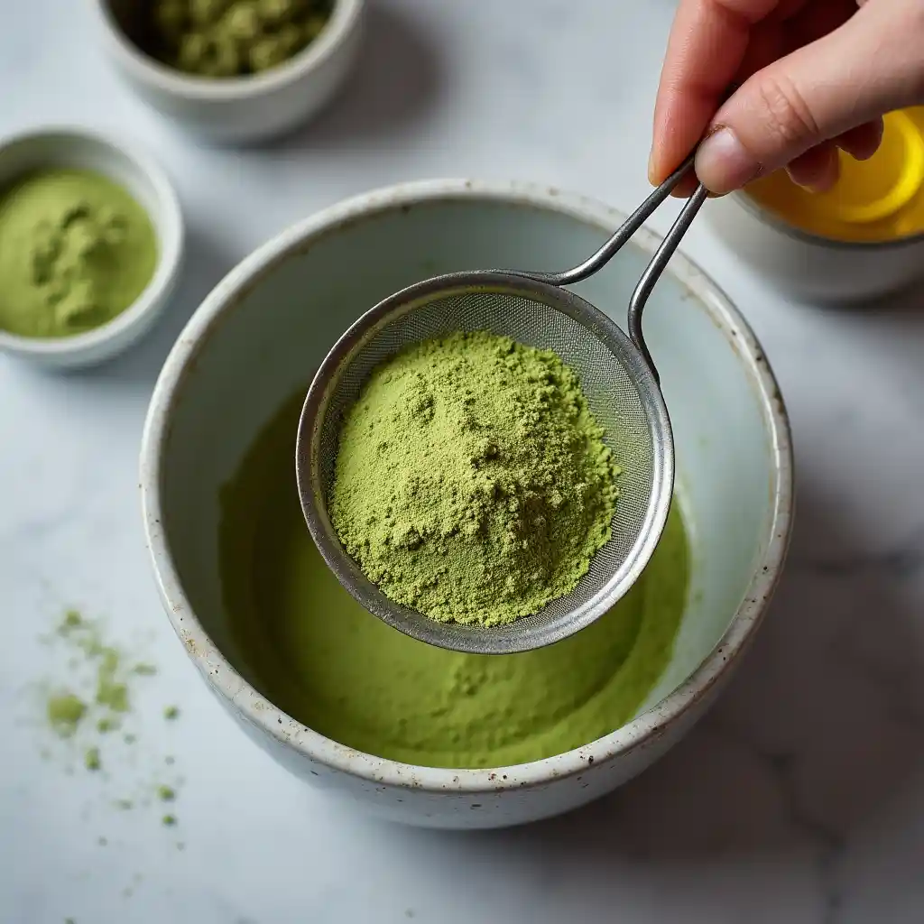 sifting matcha powder for no-churn ice cream in a modern bowl