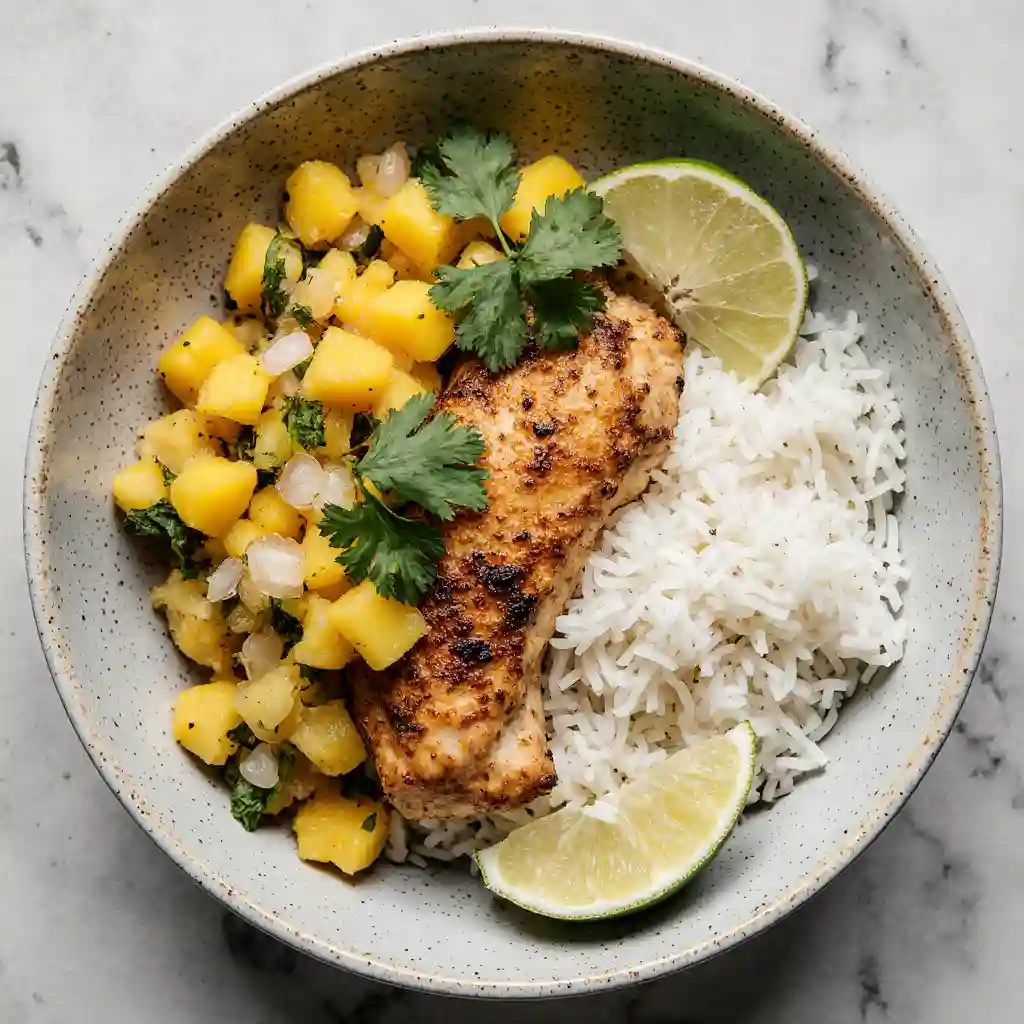 tropical-chicken-bowl Serving Bowl with Lemon Ginger Chicken and Salsa