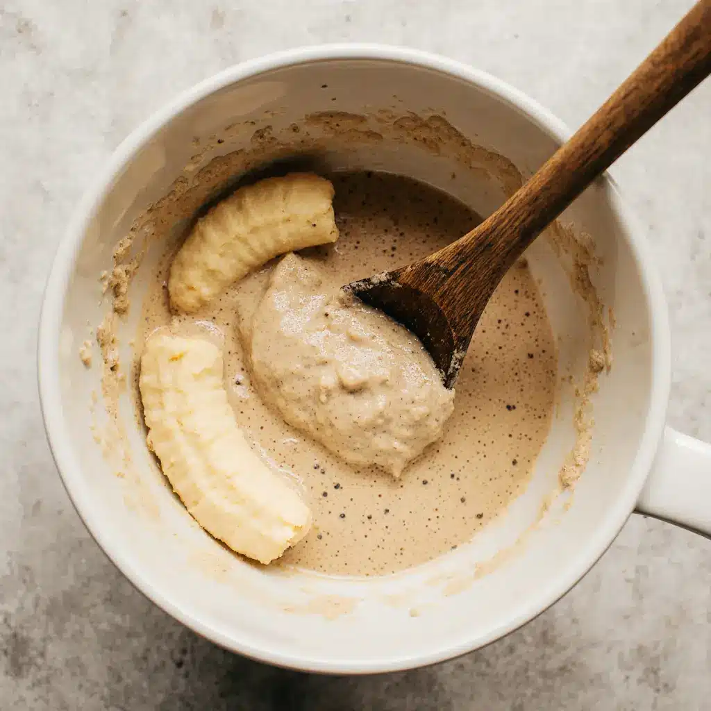 Mixing banana pancake batter in a bowl