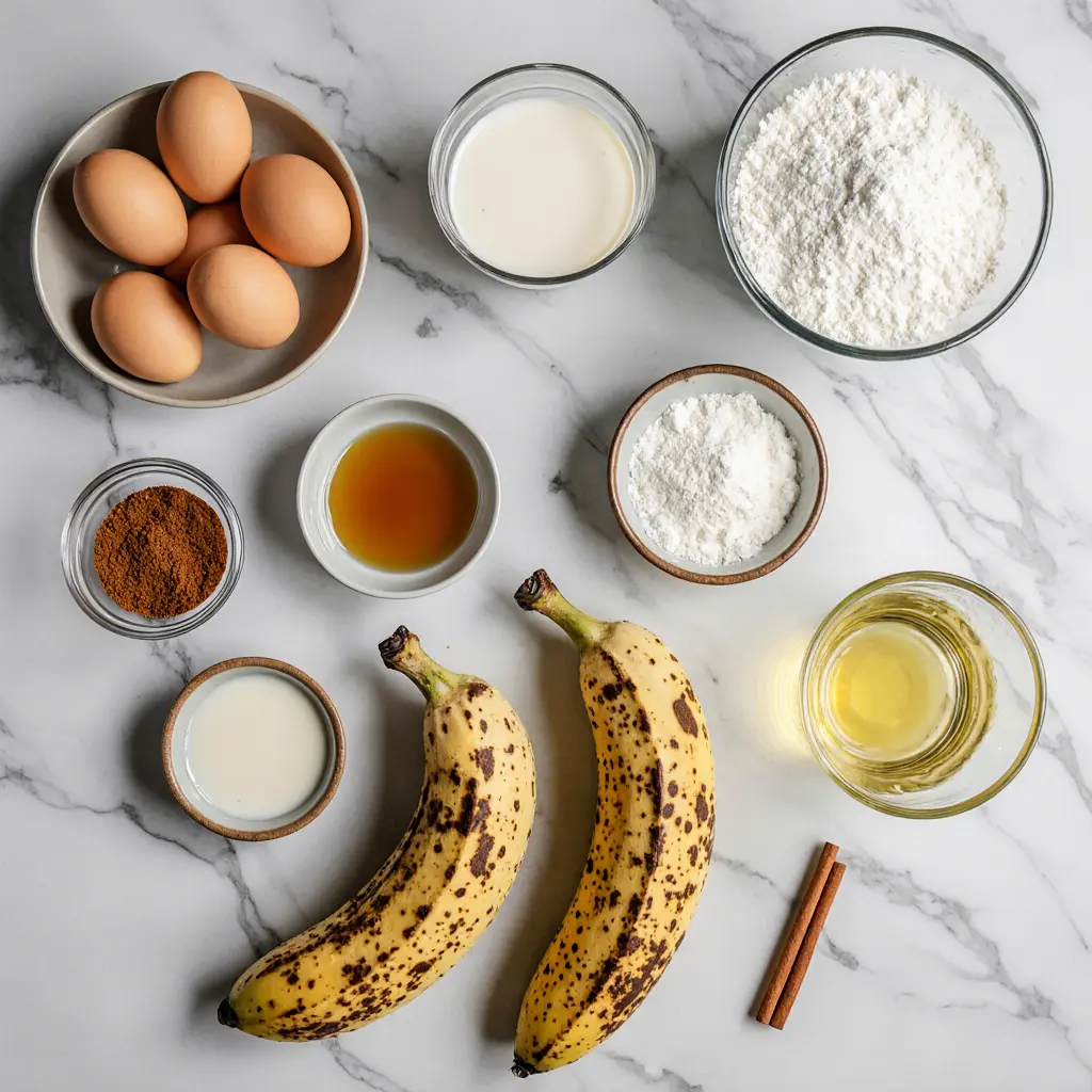 Banana Pancakes Recipe : Banana pancake ingredients on counter
