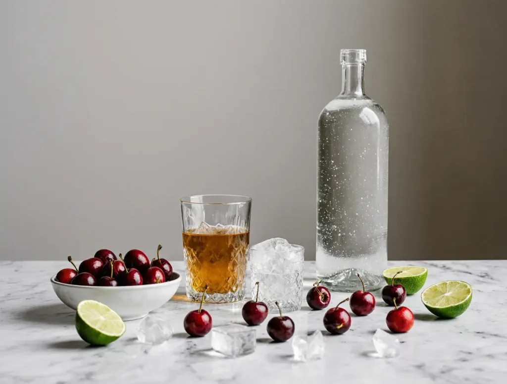 ingredients for cherry limeade mocktail flat lay