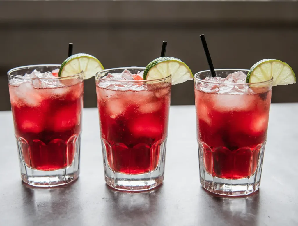 three cherry limeade mocktails on clean counter