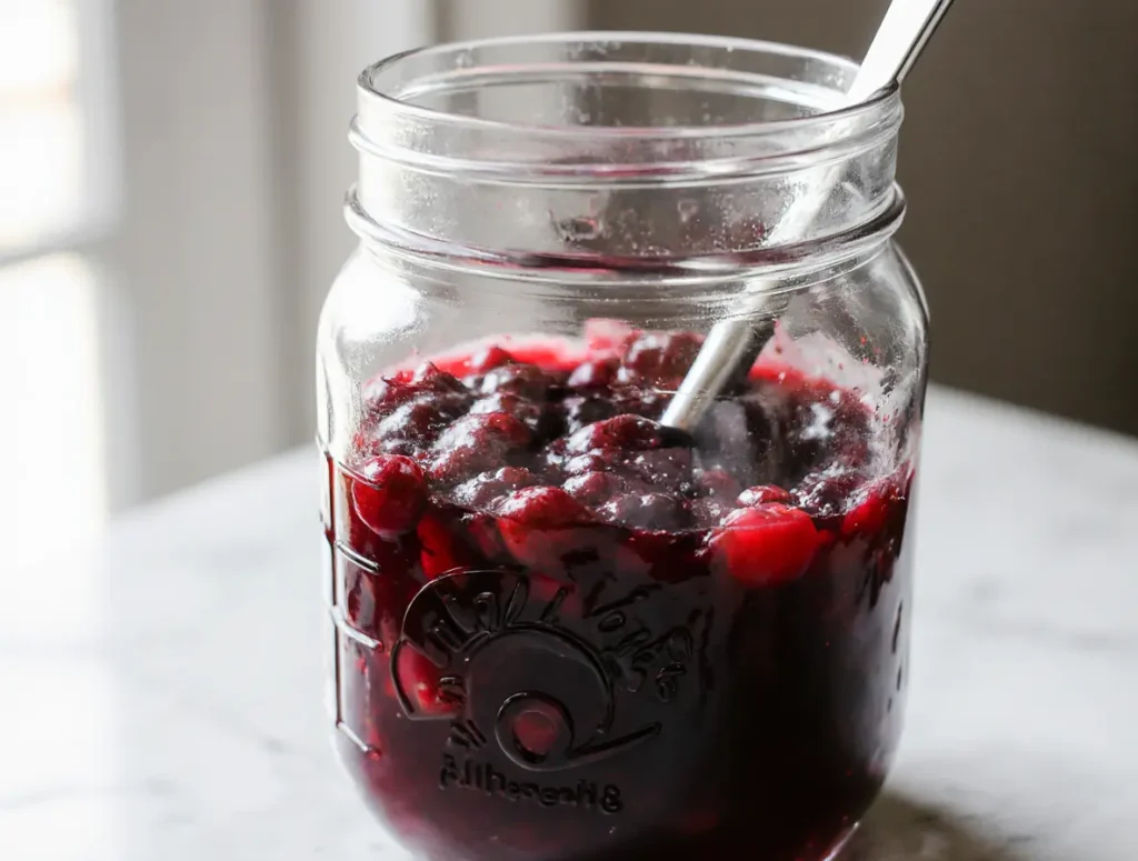 crushed cherries in jar for cherry limeade mocktail