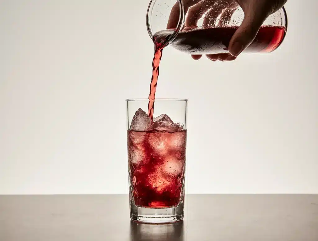 pouring limeade into mocktail with cherry base