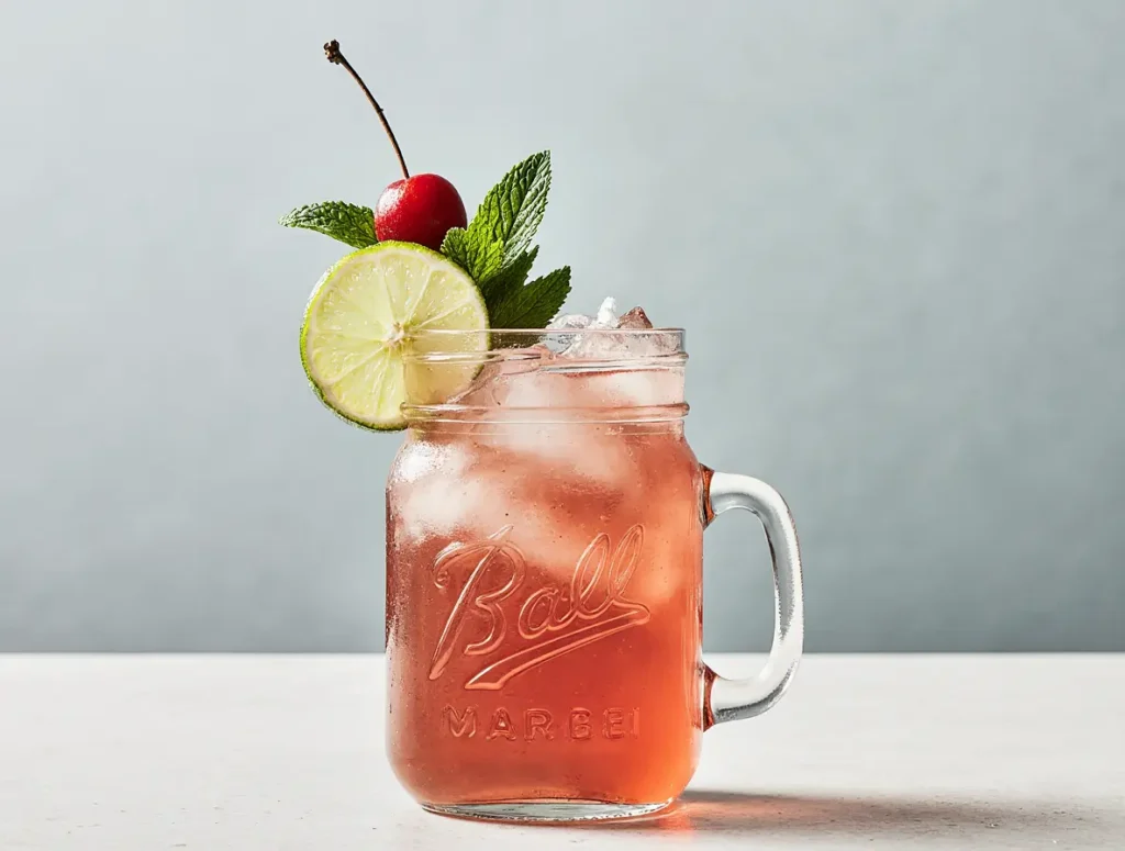 cherry limeade mocktail with garnish in clean setting