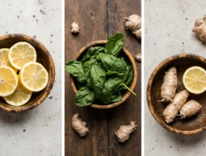 Lemon, ginger, and spinach each displayed in bowls