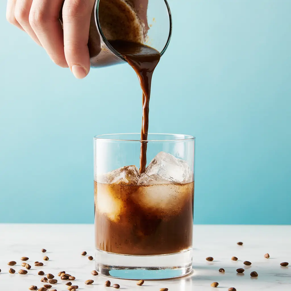 serving-tahini-iced-coffee Pouring tahini coffee into an iced glass