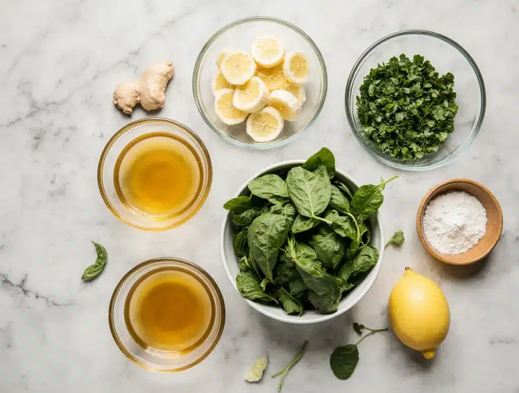 Fresh ingredients for Lemon Ginger Spinach Smoothie arranged neatly