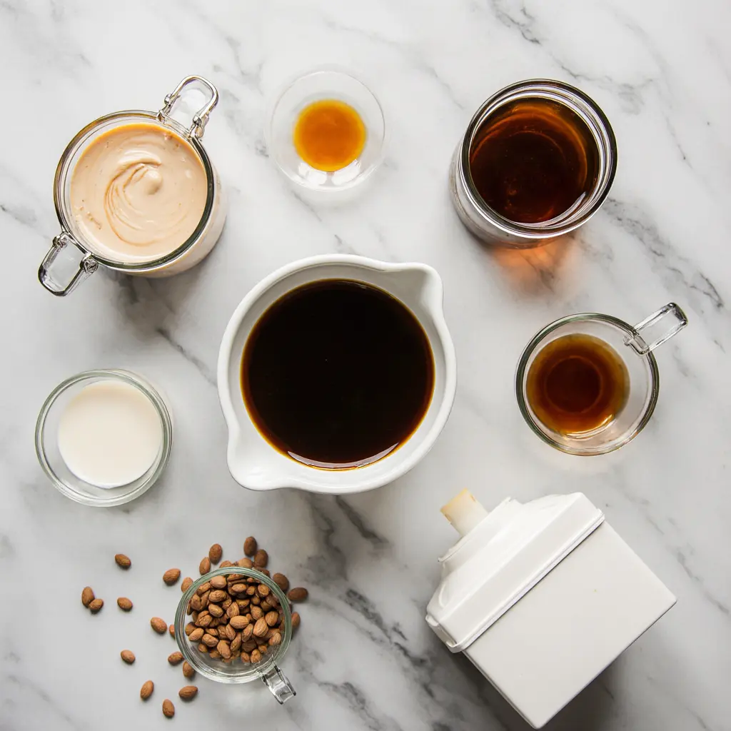 tahini-coffee-ingredients Tahini iced coffee ingredients on a counter