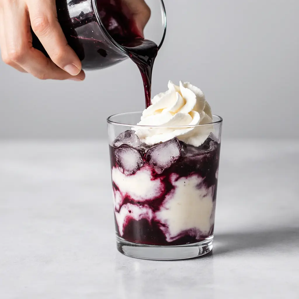 Pouring blueberry milk and topping with whipped coffee
