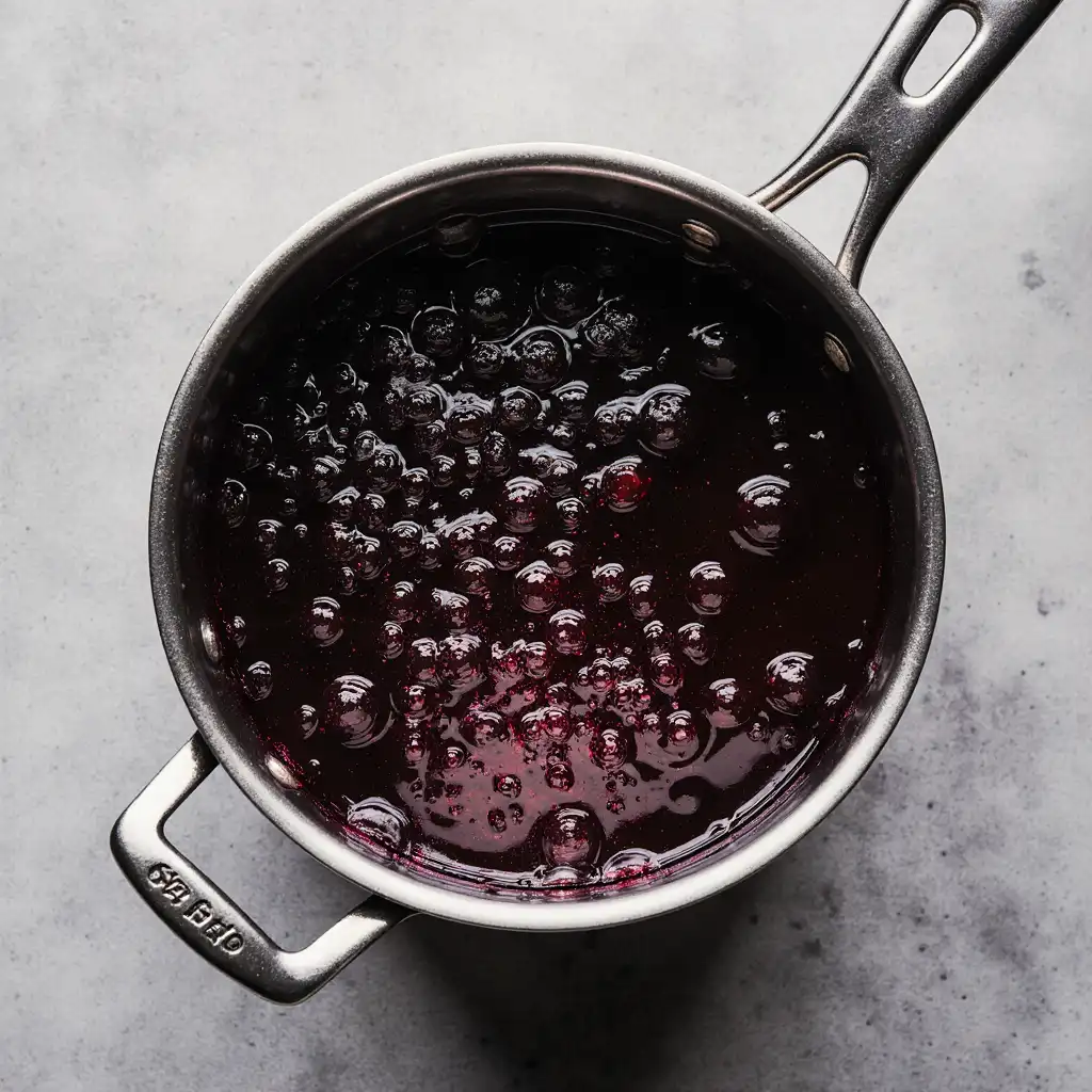 Fresh blueberry syrup simmering in a saucepan