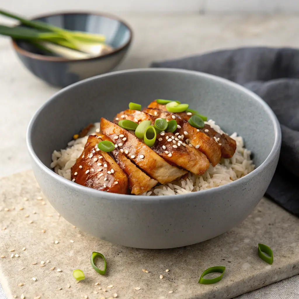 Chicken Teriyaki Donburi Chicken teriyaki donburi bowl with rice and toppings