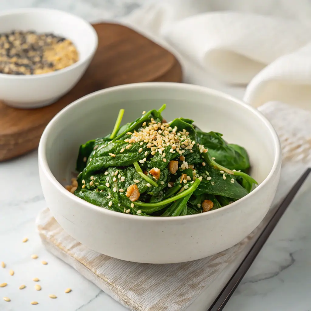 Goma-ae (Japanese Sesame Spinach Salad) Spinach goma-ae with sesame sauce in a clean white bowl