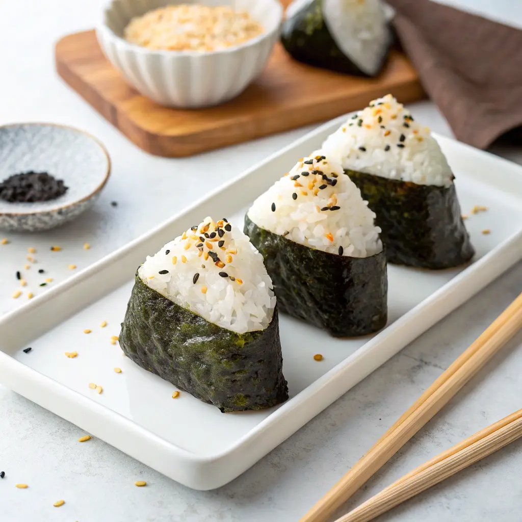 Onigiri Rice Balls Japanese onigiri rice balls wrapped in seaweed on a white plate