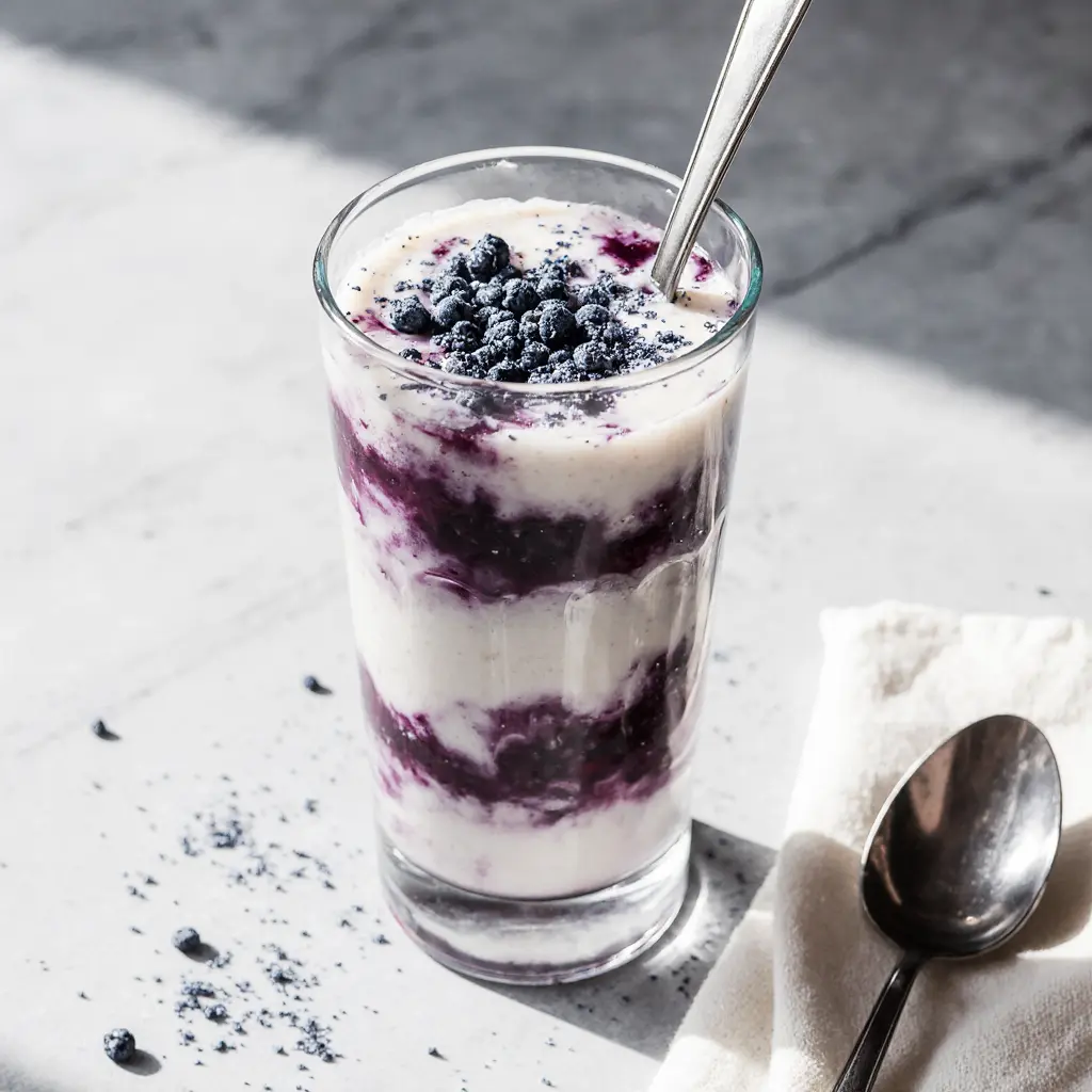 Finished blueberry cloud coffee in a glass ready to serve