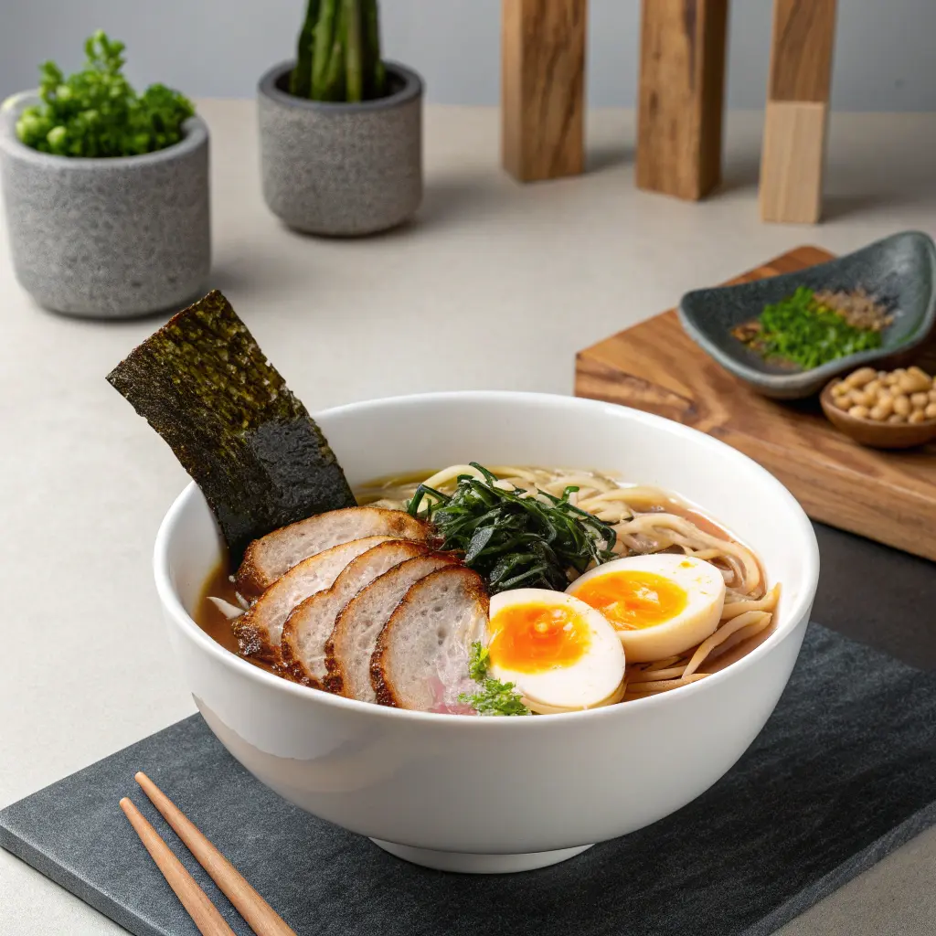 Shoyu Ramen Bowl Japanese ramen with egg, pork, and scallions