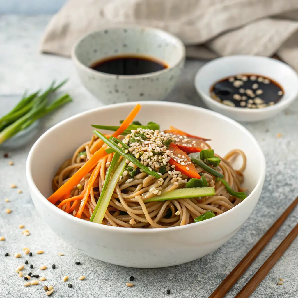 Soba Noodle Salad Chilled soba noodle salad with fresh vegetables and sesame dressing