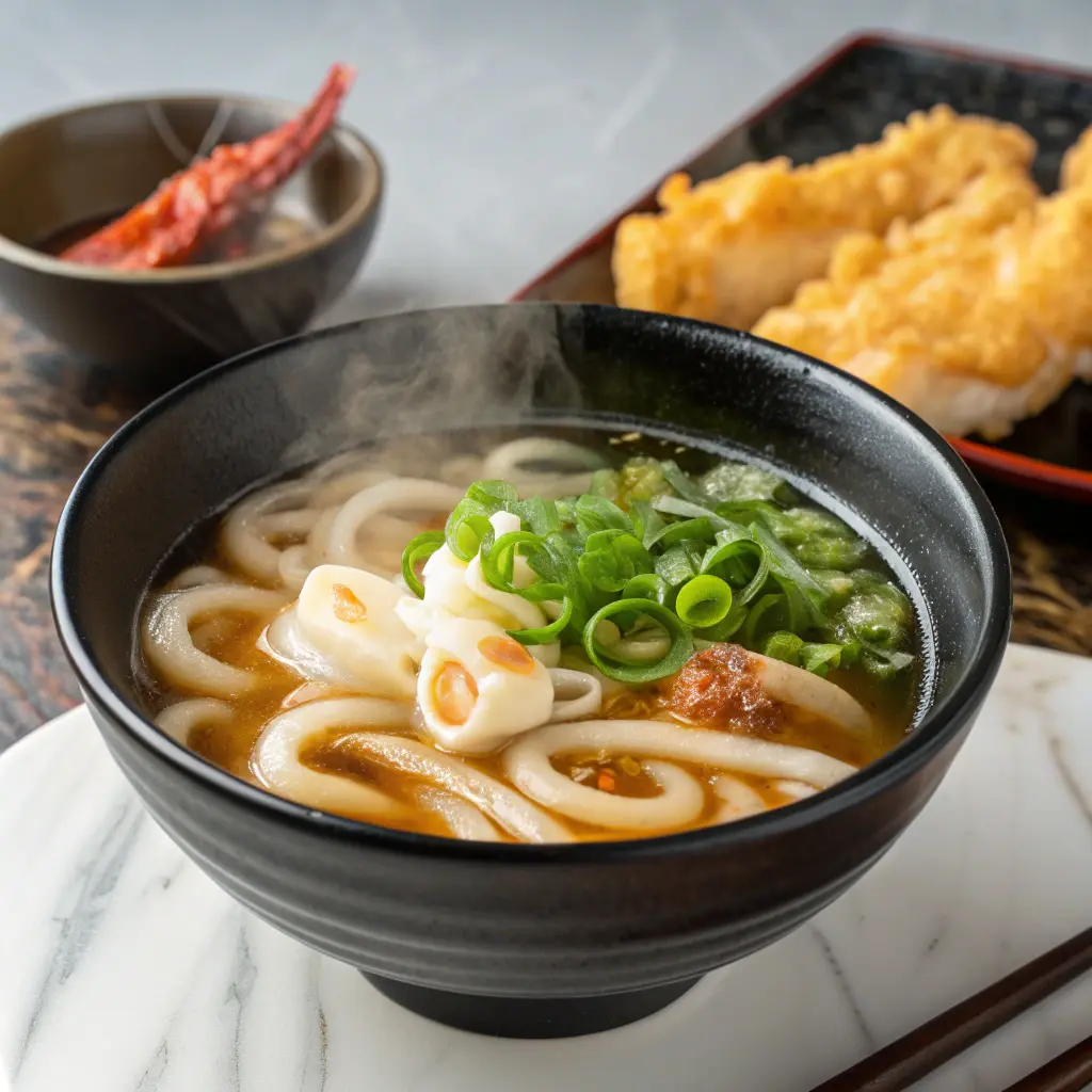 Udon Noodle Soup Bowl of Japanese udon noodles with narutomaki and green onions