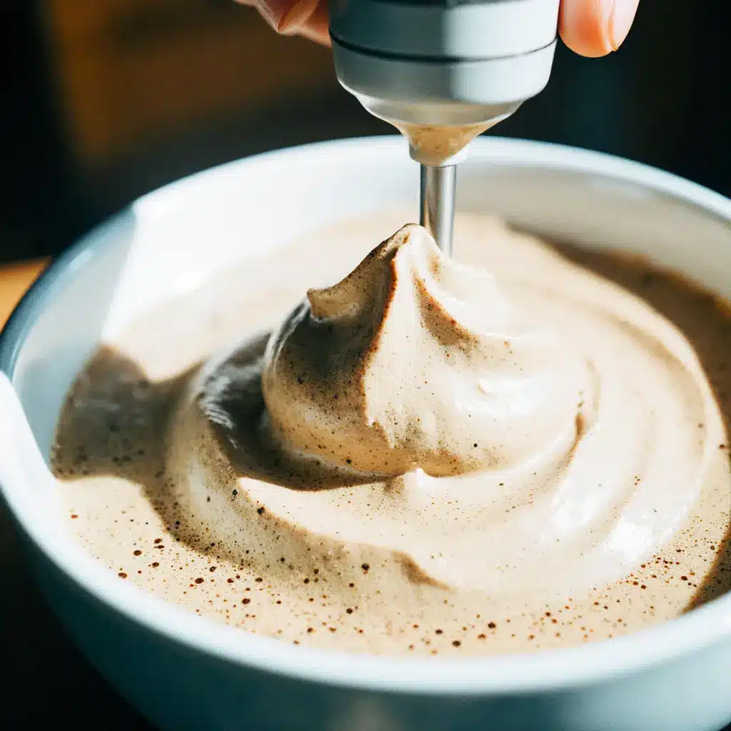 Whipping instant coffee and sugar to create coffee foam