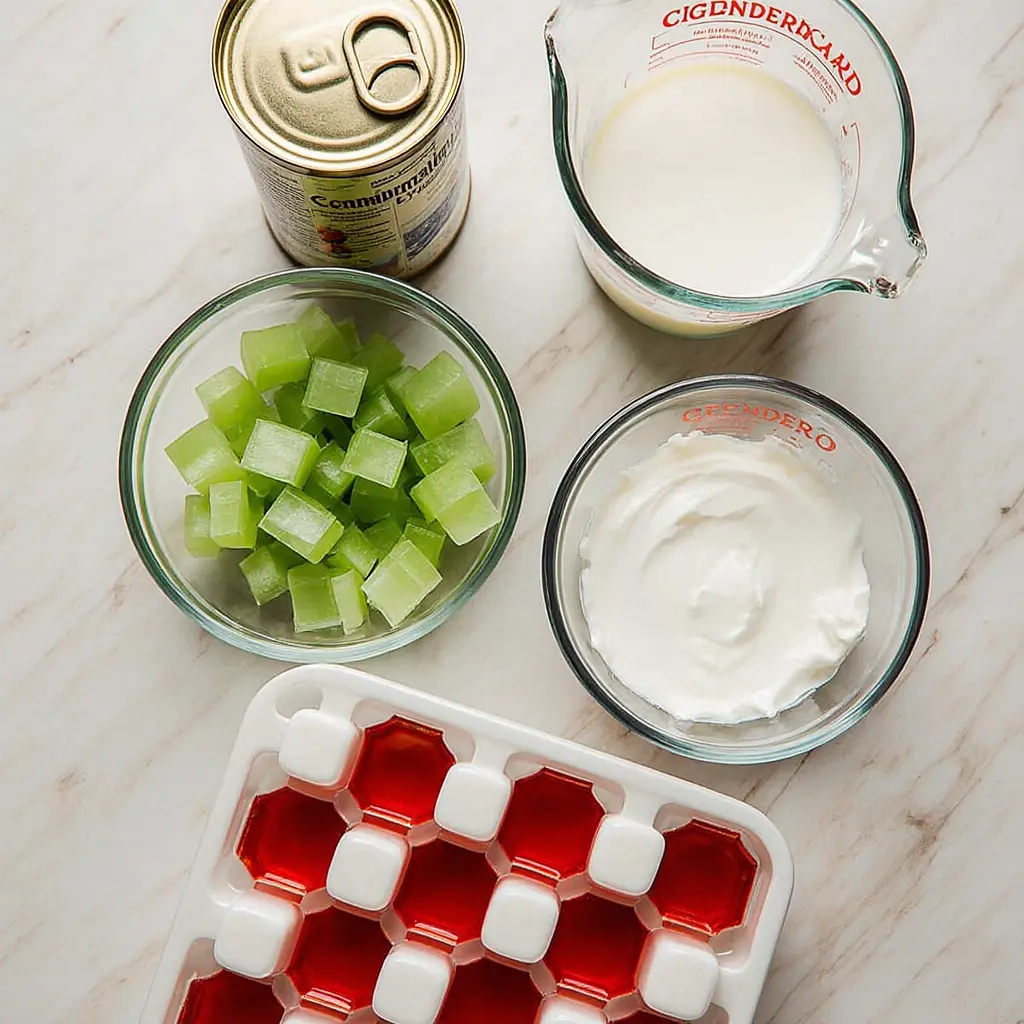 checkerboard-salad-ingredients Checkerboard salad ingredients with red and green gelatin cubes, condensed milk, and whipped cream on a kitchen counter