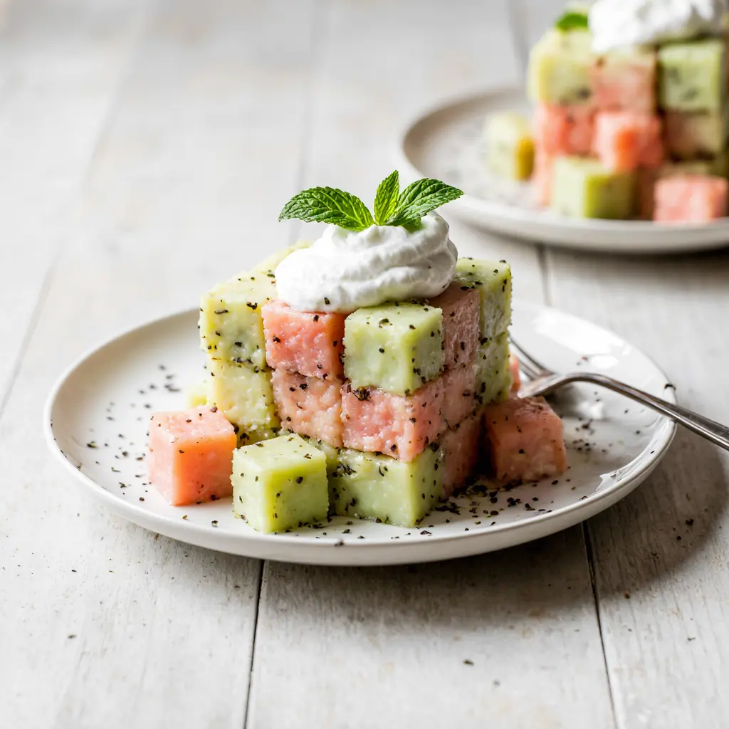 checkerboard-salad-serving-ideas Checkerboard salad slices with red and green cubes served on white plates with whipped topping