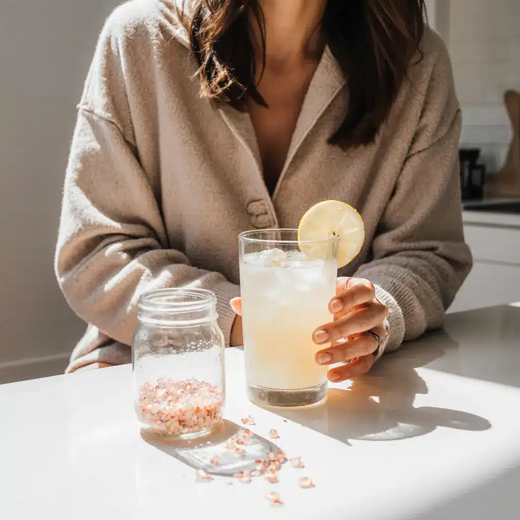 Woman holding cortisol cocktail for weight loss in morning light