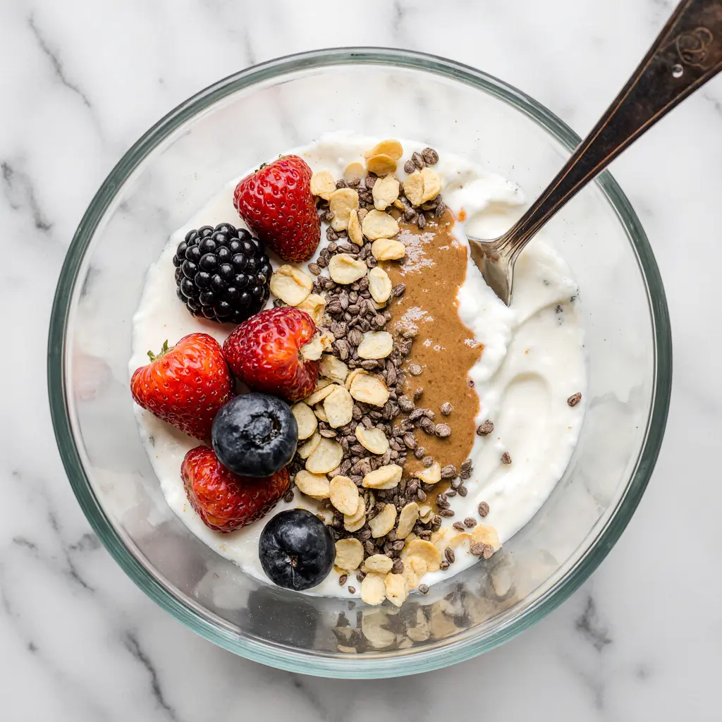 High protein Greek yogurt bowl with toppings