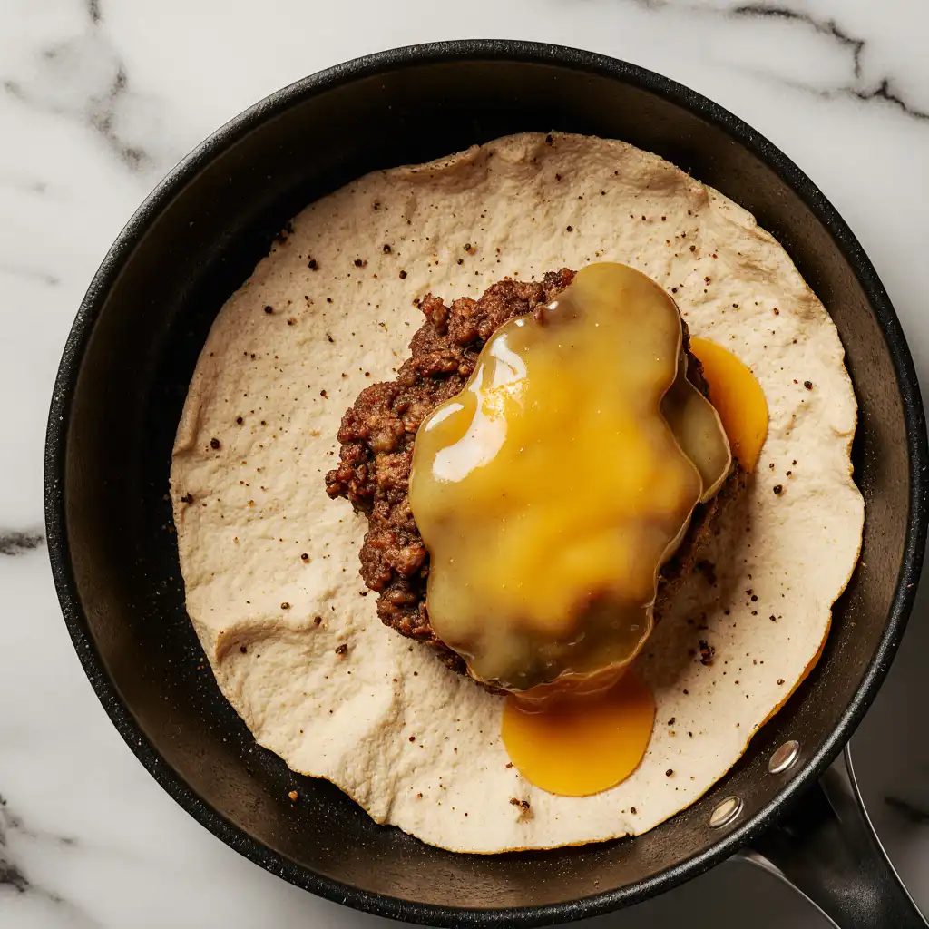 how-to-cook-smashburger-taco close-up cooking smash burger taco in skillet