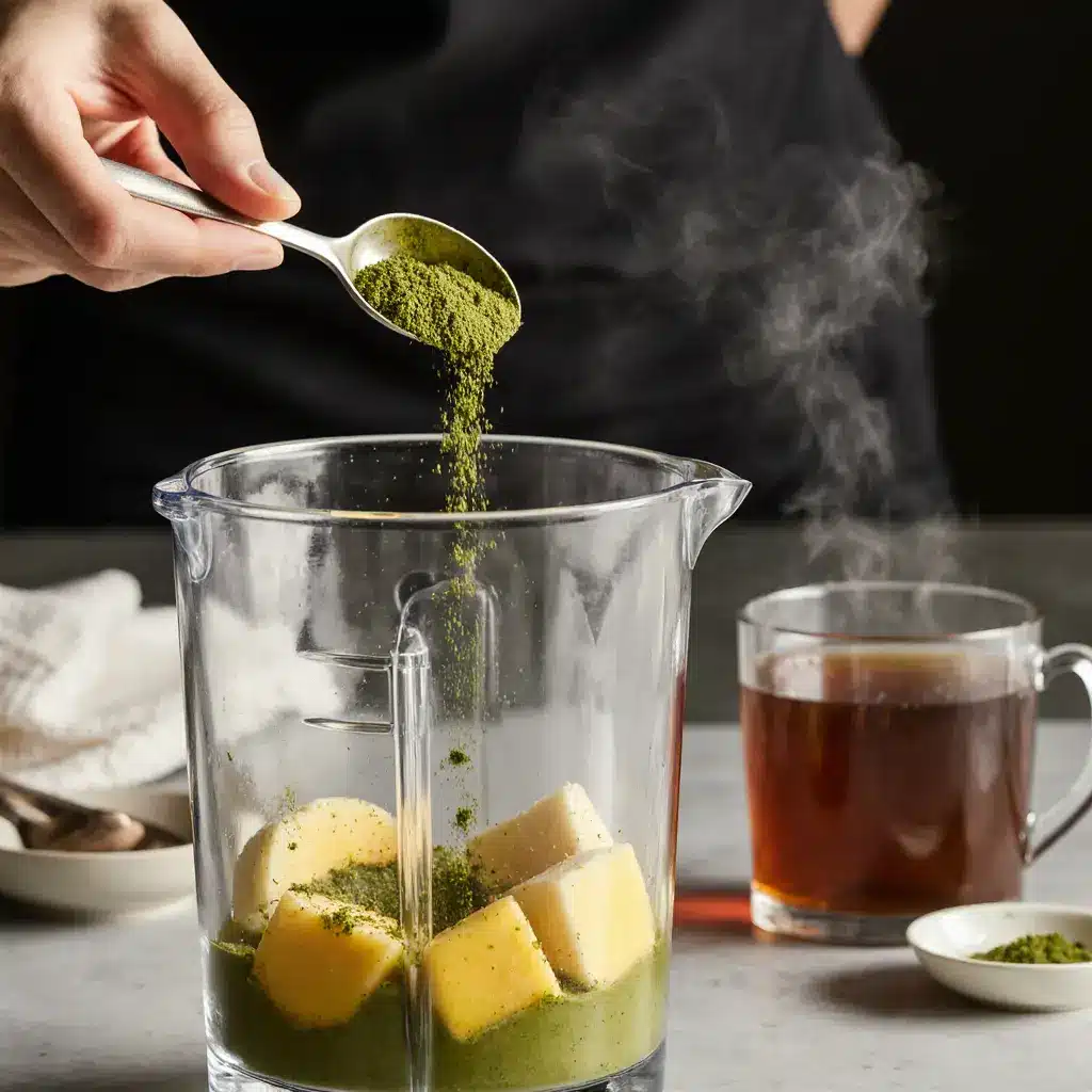 woman adding moringa powder to smoothie on autumn morning