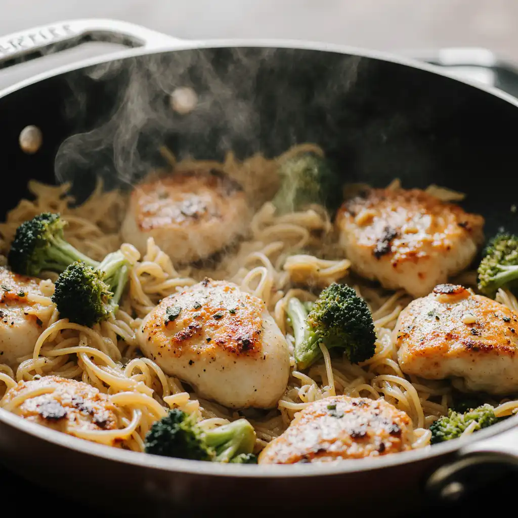 one-pan-chicken-pasta-cooking cooking healthy pasta with chicken in skillet