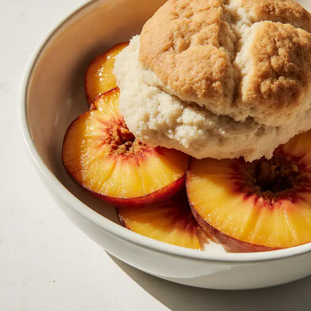 Preparing peach cobbler in clean ceramic dish
