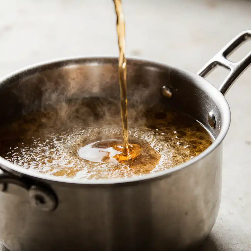 Peach syrup boiling in a steel pot